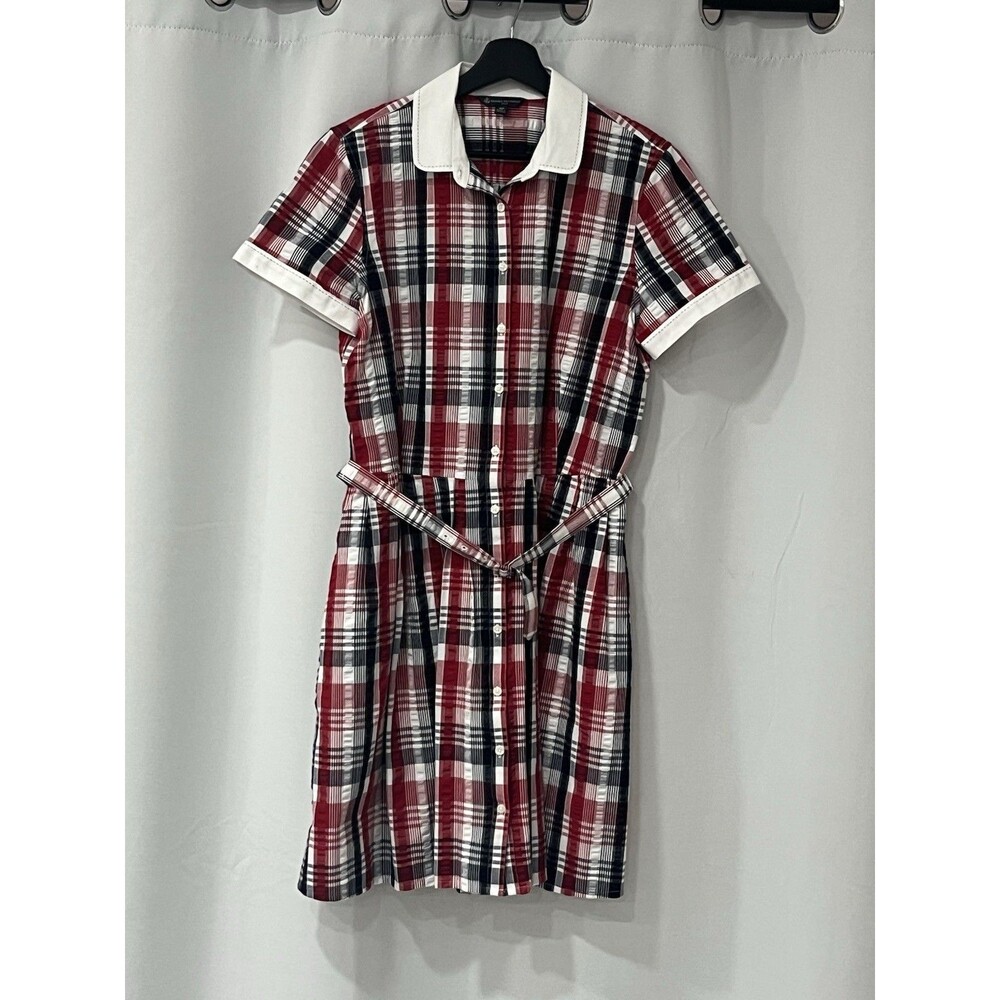 Brooks Brothers Womens 12P Red Black Plaid Shirtdress White Collar Short Sleeve